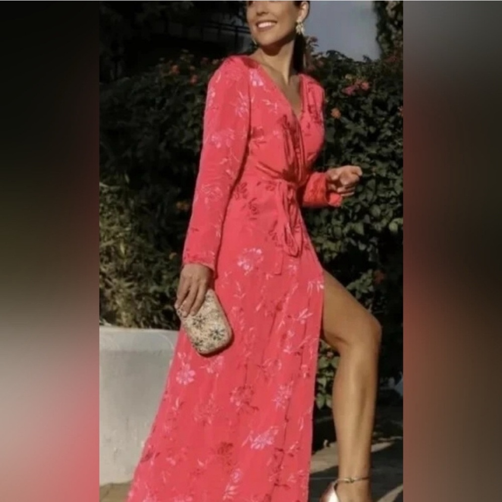Zara Jacquard Maxi Midi Wrap Dress Size XS Pink Floral Belted Kimono Silky Robe